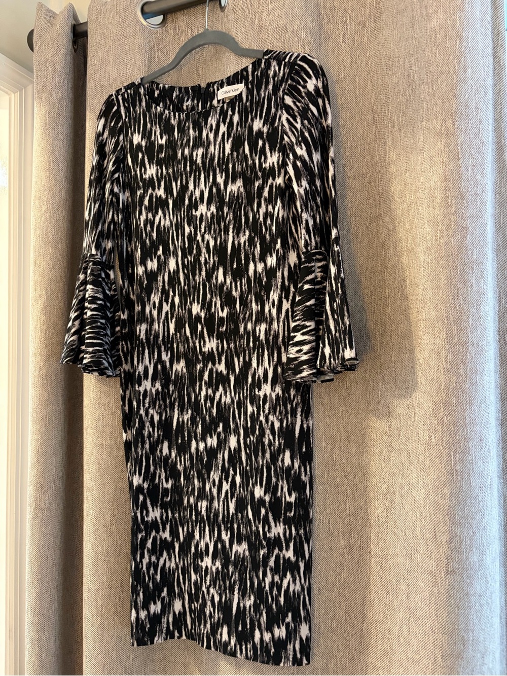 Calvin Klein Black and White Printed Midi Dress with Bell Sleeves